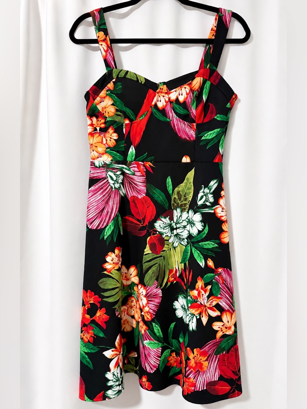 Vintage Hawaiian Tropical Floral Dress Black Red Orange Green Strappy Sundress L